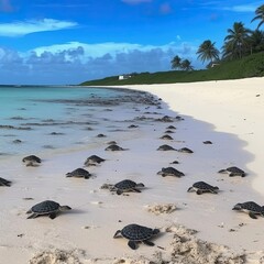 Many turtles on the shore of the blue sea or ocean crawl along the yellow sand.