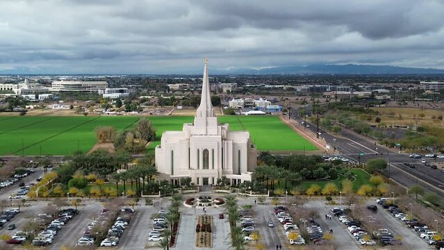 Mormon Temple in Gilbert Arizona, America, USA. Stunning architecture, floral displays and stained-glass windows. 