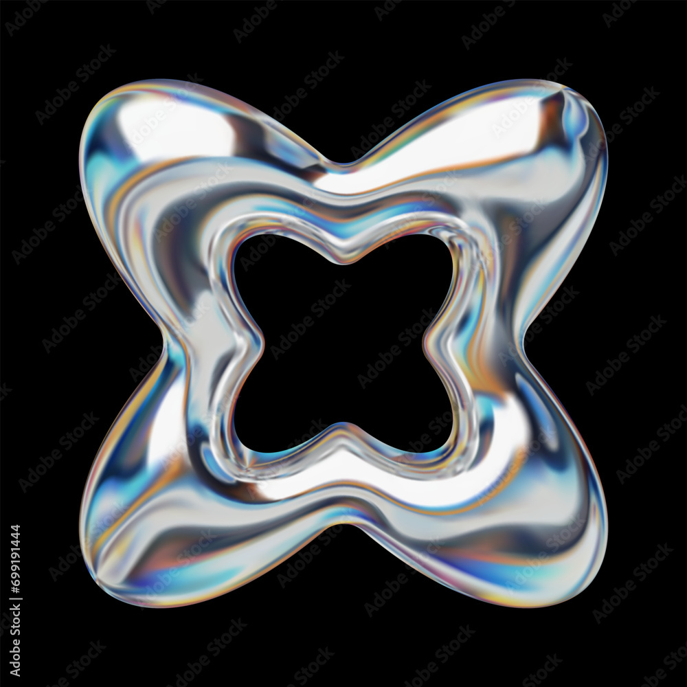Poster 3d y2k abstract holographic shape with reflective gloss, chrome metallic element for retro futuristi