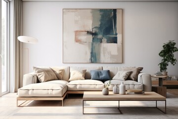 Fototapeta na wymiar A Serene Living Room with a Striking Wall Painting