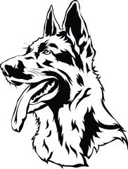 Cartoon Black and White Isolated Illustration Vector Of A Pet German Shepherd Puppy Dog with Mouth Open And Tongue Out