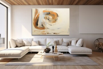 A Spacious Living Room with a Striking Wall Painting