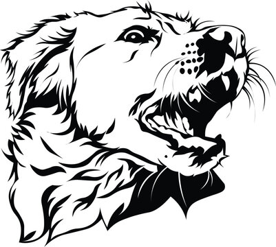 Cartoon Black and White Isolated Illustration Vector Of A Pet Golden Retriever Puppy Dog with Mouth Open Biting