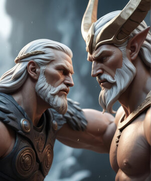Vidar, the Avenging Norse Deity - Abstract 3D sculpture of Vidar, the Nordic god, in a dynamic action scene during Ragnarok Gen AI