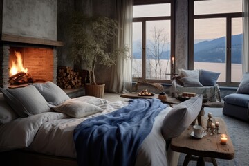 A Cozy Bedroom with a Spacious Bed and a Warm Fireplace