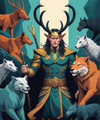 Loki's Shape-shifting Saga - Flat illustration of the Nordic god Loki in dynamic action scenes and animal transformations Gen AI - obrazy, fototapety, plakaty