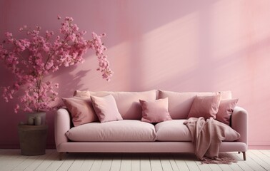 A Cozy Living Room with Pink Walls and a White Couch