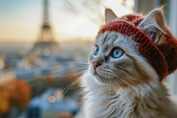 Hermoso gato de pelo blanco con boina francesa de lana roja, sobre fondo desenfocado de la torre Eiffel  - obrazy, fototapety, plakaty