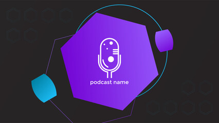PODCAST DARK BACKGROUND COLORFUL WITH HEXAGON CIRCLE GEOMETRIC SHAPES GRADIENT BLUE PURPLE COLOR SIMPLE TEMPLATE DESIGN VECTOR. GOOD FOR COVER DESIGN, BANNER, WEB,SOCIAL MEDIA