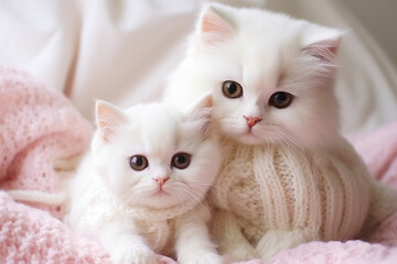 Two white cats in knitted woolen clothes sit next to each other