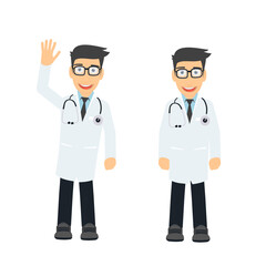 Fototapeta premium Doctor. Medic greets and waves, vector illustration