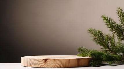 Wood slice podium and green spruce branches on white background. Concept scene stage showcase for new product, promotion sale, banner, presentation, cosmetic. Wooden stand studio empty. Generative Ai