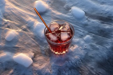 Winter cocktail with straw, cranberry heart and pure ice hole on Lake Baikal, viewed from the top. Generative AI