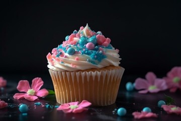 Delicious cupcake adorned with pink and blue flower sprinkles for Valentine's Day. Generative AI