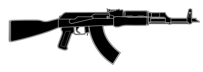 Vector illustration of AK47 soviet assault carbine with stock. Black simple version. Right side. - obrazy, fototapety, plakaty