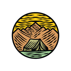 Hand Drawn Mountain Camping Logo Vector Design illustration Emblem