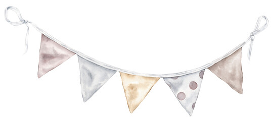 Carnival hanging garland with flags Happy Birthday Watercolor. Hand drawn collection in cute pastel gentle light colors on isolated background. Minimal Illustration element for celebration and party