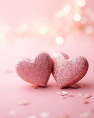 Two Soft Pink Hearts With Lace On pink Glitter Background With Sparkles, copy space - generative ai