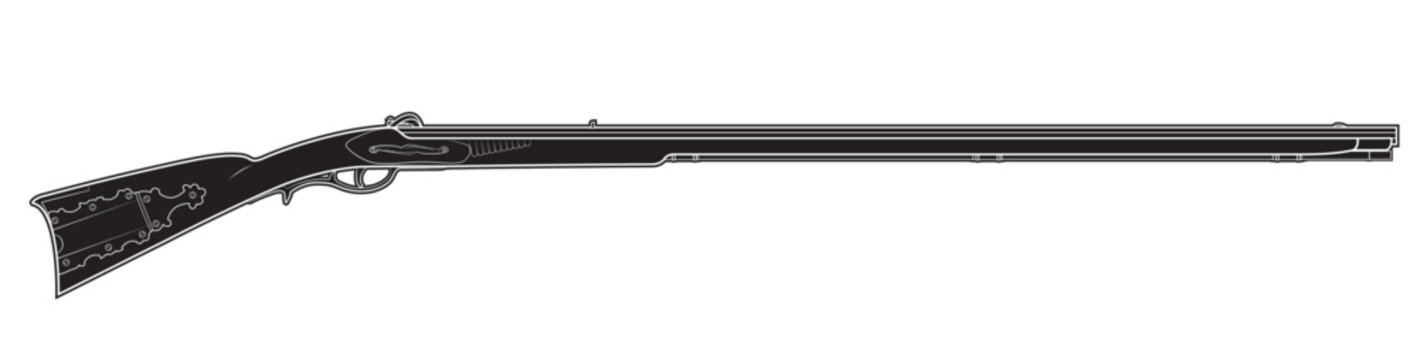 Illustration of Traditional American pill lock long rifle Kentucky. Black. Right side.