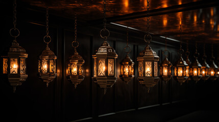 Antique brass and copper lanterns suspended