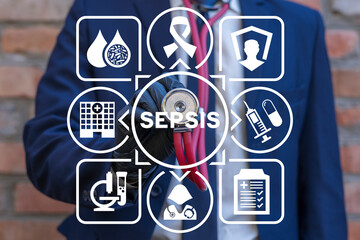 Doctor using stethoscope and virtual interface sees text: SEPSIS. Sepsis medical concept. Medical...