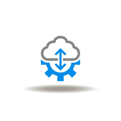 Vector illustration of cloud with gear and arrow up and down. Icon of data migration. Symbol of web hosting.