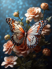 Beautiful butterfly on colorful flowers background, closeup. Floral background