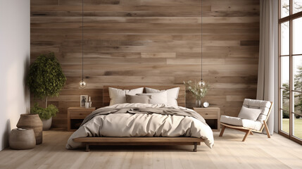 A reclaimed wood accent wall gracing a boho bedroom