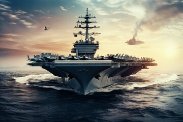 Panoramic view of a generic military aircraft carrier ship with fighter jets