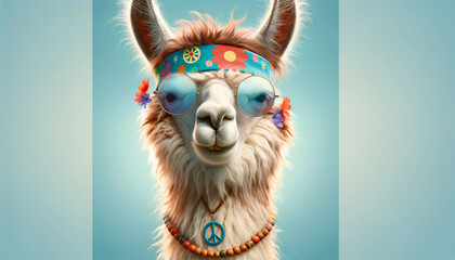 Hippie llama on a blue background - obrazy, fototapety, plakaty