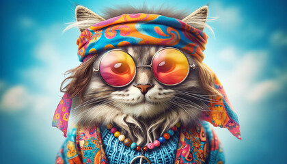 Hippie cat on a blue background - obrazy, fototapety, plakaty