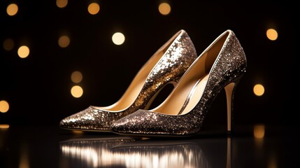 Sophisticated court shoes dipped in shimmering golden glitter. - obrazy, fototapety, plakaty
