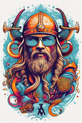 Ai Generates a Psychedelic graphic design with vikings. Use the RVCA clothing brand design style. ((White background)), vector style, for t-shirt printing.