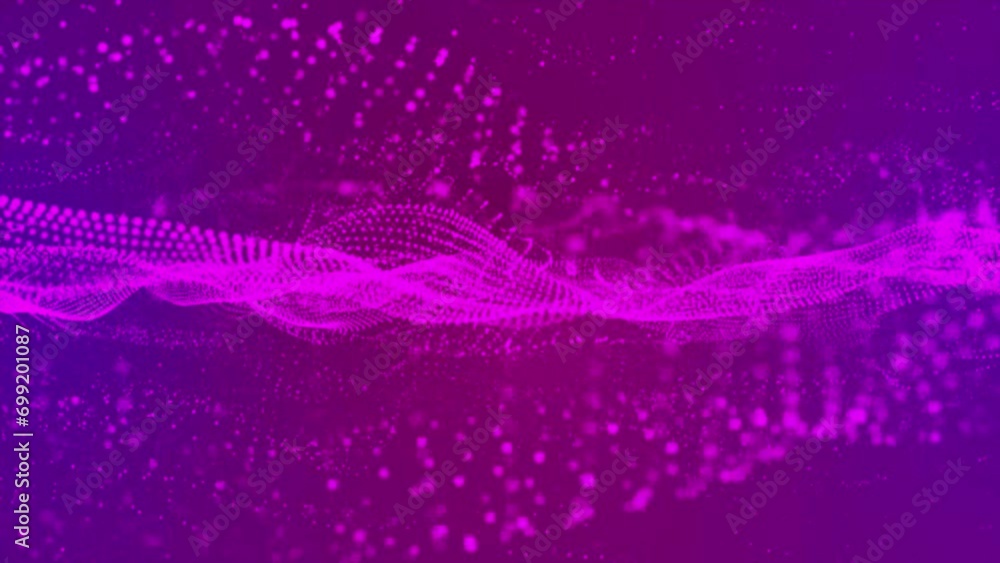 Poster flowing purple dots and particles on a purple background. abstract digital particle and dots wave an