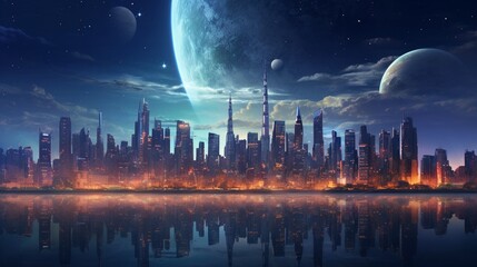 The moon rising over an urban skyline, with skyscrapers illuminated against the night sky. - obrazy, fototapety, plakaty
