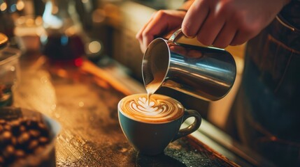 Fototapeta na wymiar Barista pouring a latte or cappuccino with beautiful latte art coffee