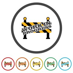 Work in progress sign. Set icons in color circle buttons