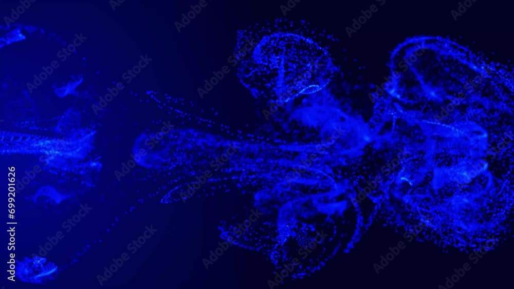 Poster blue fluid particle dots are flowing in the animated video. animation of glowing fluid particles flo