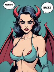 Seductive Succubus - Medium shot of a monster in a flat pop art style, a succubus with seductive eyes and bat wings in comic book style with speech bubbles Gen AI