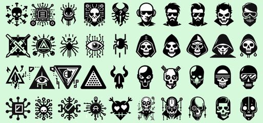 Mega set of black and white cyberpunk characters and elements isolated on a light green background. Hackers, cyber warriors, skulls, futuristic symbols and signs.