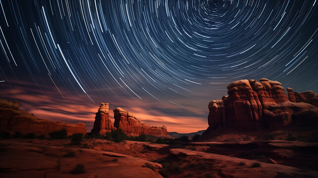 a night sky filled with star trails above a rocky desert landscape. The long exposure photography creates circular trails centered around the North Star, giving a hypnotic spiral effect.