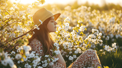 A young woman in a floral dress and straw hat sits amidst a field of white blossoms, her expression one of peaceful contemplation as she enjoys the beauty of nature