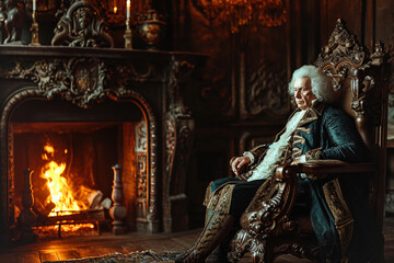 portrait of a stern aristocrat, in opulent velvet robes, white powdered wig, seated by a grand fireplace