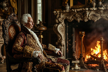 portrait of a stern aristocrat, in opulent velvet robes, white powdered wig, seated by a grand fireplace