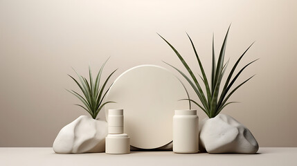 Yucca plant and geometric podium decoration elements for cosmetic product display, object placement mockup with plant 3d rendering. Generative Ai