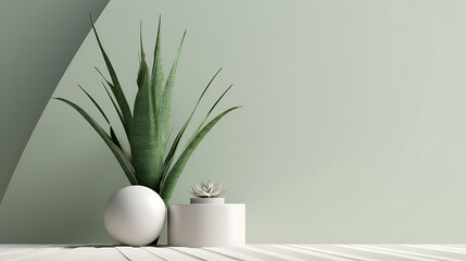 Yucca plant and geometric podium decoration elements for cosmetic product display, object placement mockup with plant 3d rendering. Generative Ai - obrazy, fototapety, plakaty