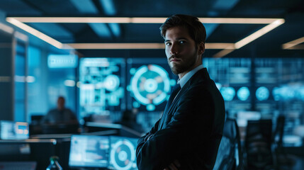 Fototapeta premium Tech entrepreneur Modernist portrait, holographic displays, sleek office backdrop, innovative attire