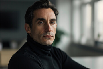 Tech entrepreneur portrait, minimalist office setting, sleek black turtleneck, confident gaze into the camera