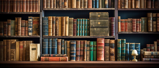 Antique wooden bookcase filled with weathered, classic tomes for scholarly reading in a serene library.