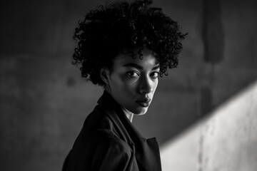 Modernist portrait, androgynous model with sculptural hair, monochrome outfit against a minimalist set